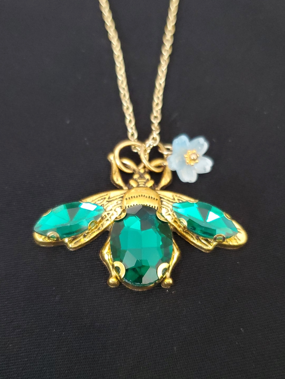 Gold-Tone Bee Pendant Necklace with Emerald Green Crystals